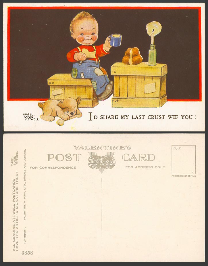 MABEL LUCIE ATTWELL Old Postcard I'd Share My Last Crust Wif You! Dog Puppy 3858