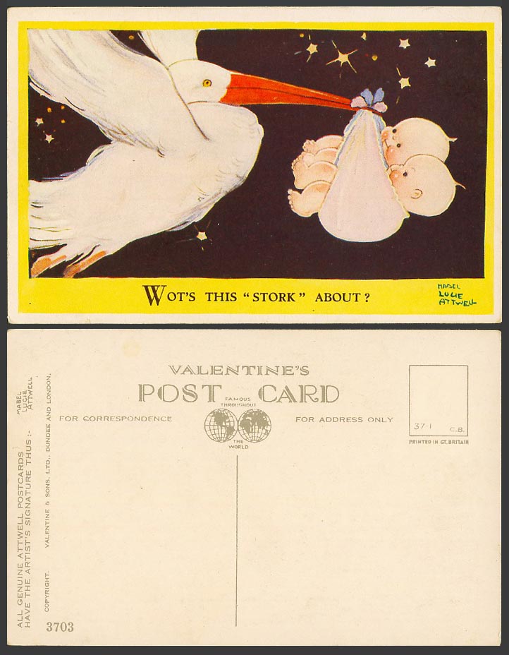 MABEL LUCIE ATTWELL Old Postcard Wot's This Stork About? Twins Babies, Bird 3703