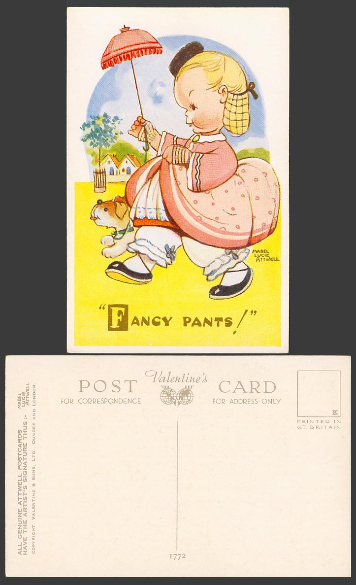 MABEL LUCIE ATTWELL Old Postcard Fancy Pants! Girl Parasol or Umbrella, Dog 1772