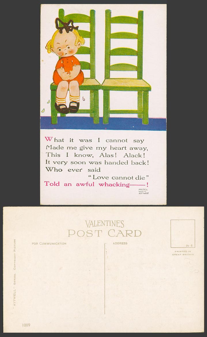 MABEL LUCIE ATTWELL Old Postcard Love Cannot Die Awful Whacking Told Chairs 1009