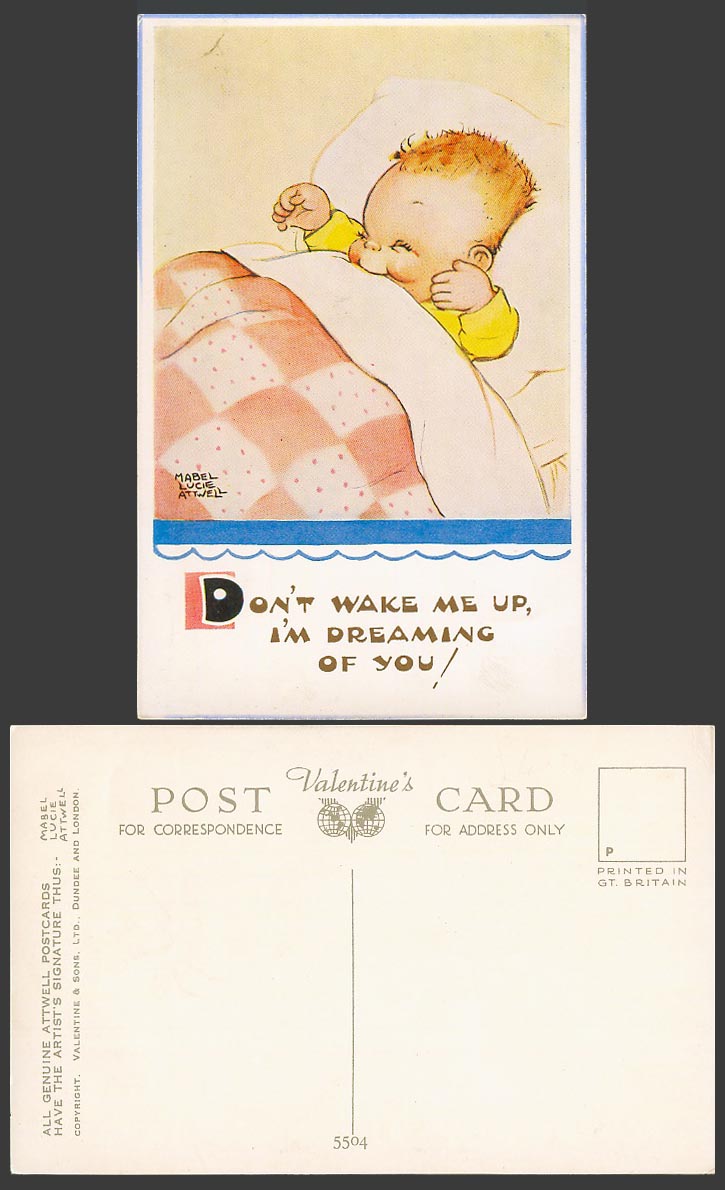 MABEL LUCIE ATTWELL Old Postcard Don't Wake Me Up Dream of You! Baby on Bed 5504