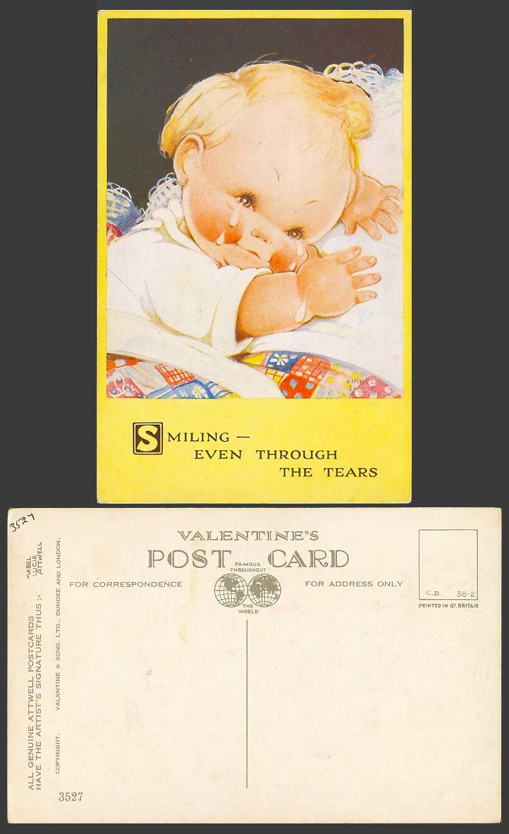 MABEL LUCIE ATTWELL Old Postcard Smiling Even Through The Tears Girl on Bed 3527