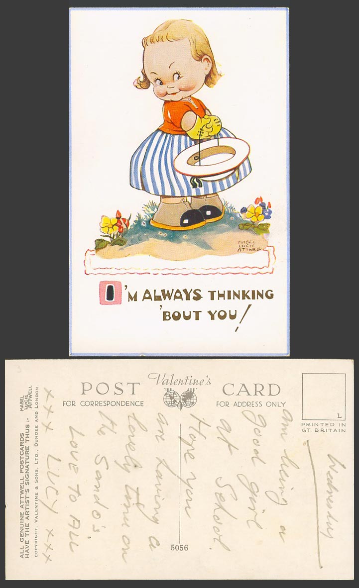 MABEL LUCIE ATTWELL Old Postcard I'm Always Thinking about You Gloves & Hat 5056