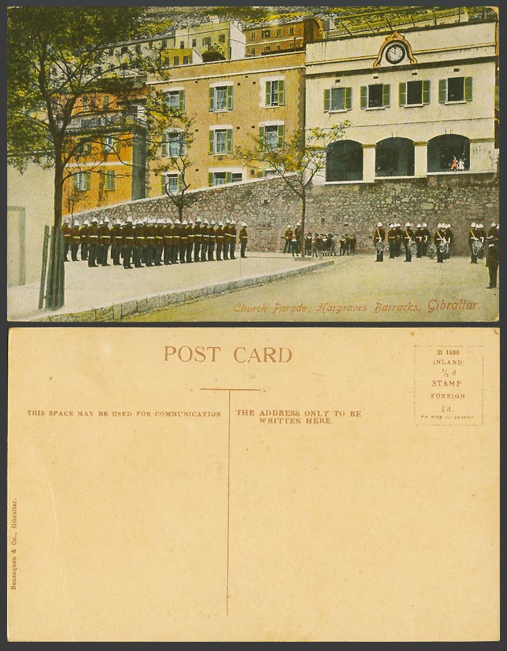 Gibraltar Old Colour Postcard Church Parade Hargraves Barracks Band Benzaquen Co