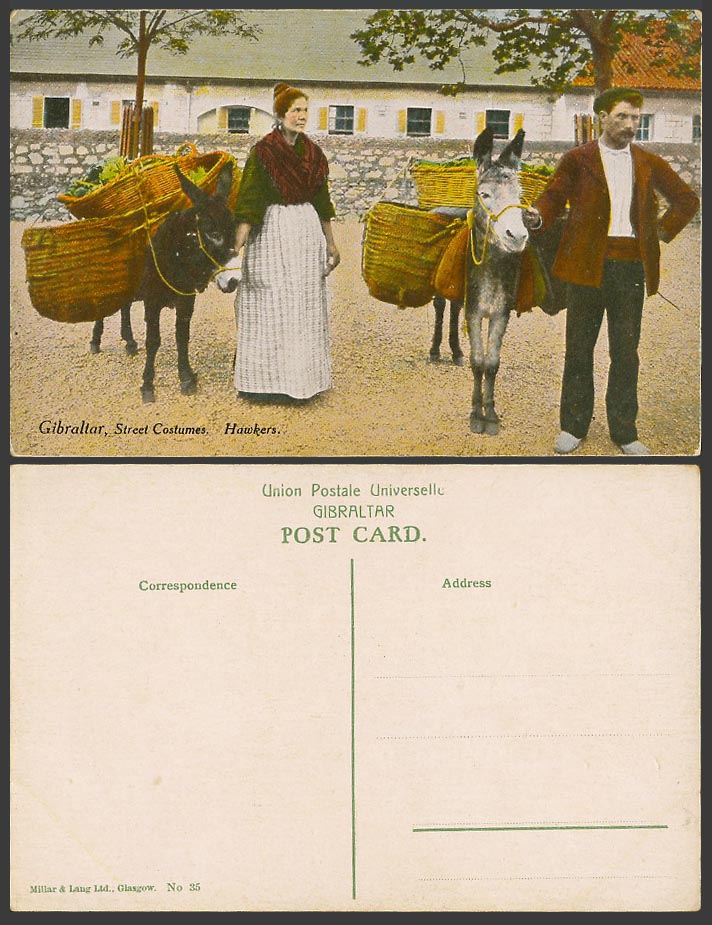Gibraltar Old Colour Postcard Street Costumes, Hawkers, Donkeys Carrying Baskets