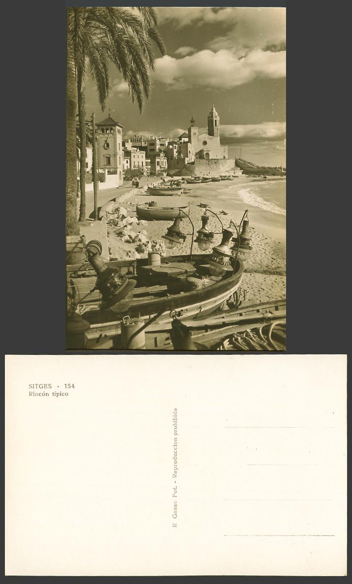 Spain Old Real Photo Postcard Sitges Beach Boats Boat Lamps Street Rincon Tipico
