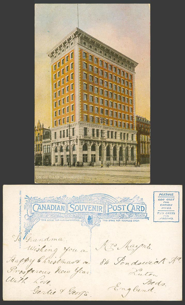 Canada Canadian Old Colour Postcard Union Bank, Winnipeg, Street Scene Tramlines