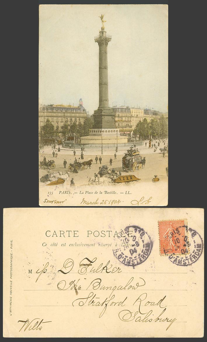 France Paris 1904 Old Postcard Place de la Bastille, Colonne de Juillet L.L. 175