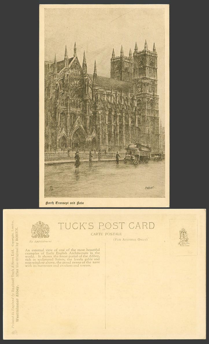 London, North Transept Westminster Abbey, Robyn Artist Drawn Old Tuck's Postcard