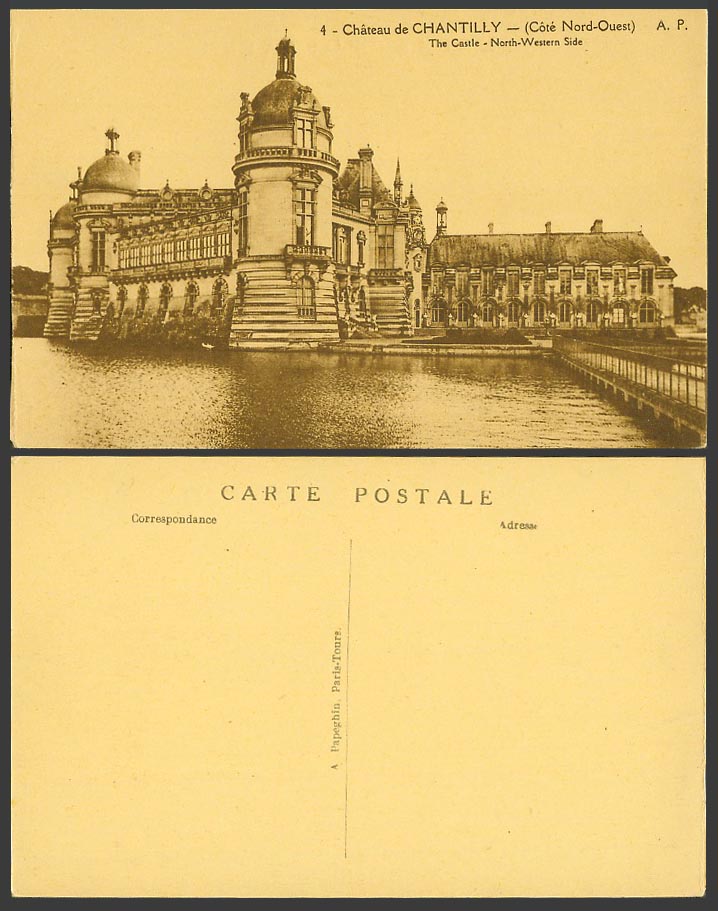France Old Postcard Chateau de Chantilly Castle, North-Western Side, Bridge Lake