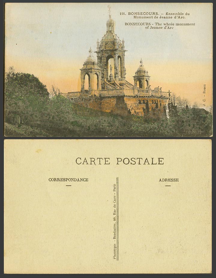 France Old Colour Postcard Bonsecours, Whole Monument of Jeanne d'Arc Statue 111