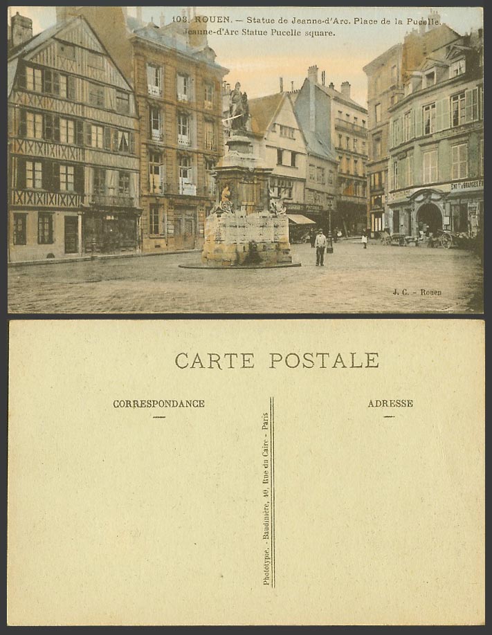 France Old Colour Postcard Rouen, Place de la Pucelle Square Jeanne-d'Arc Statue