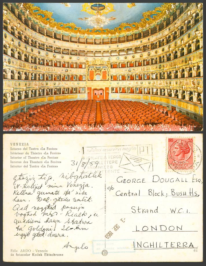 Italy 35l 1959 Old Colour Postcard Interior of Theatre La Fenice, Venezia Venice
