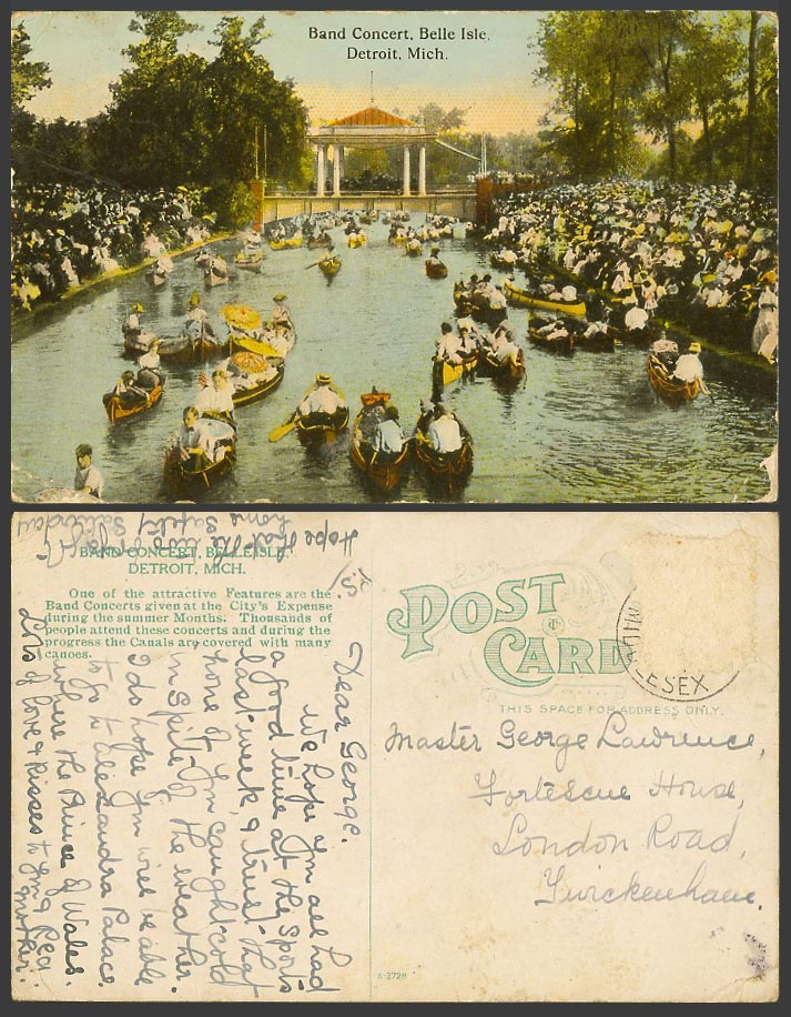 USA Old Colour Postcard Band Concert Belle Isle, Detroit Michigan, Boating Boats