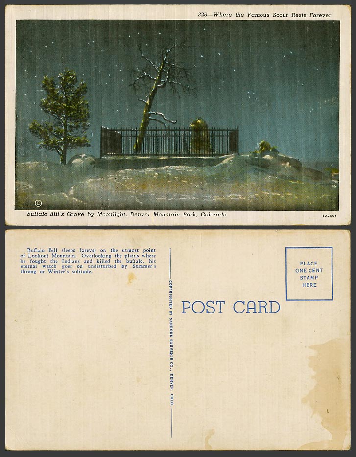 USA Old Postcard Buffalo Bill's Grave by Moonlight Denver Mountain Park Colorado