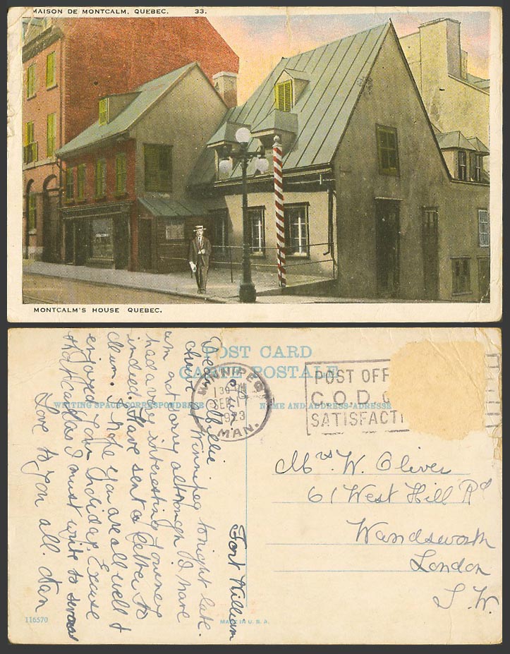 Canada 1923 Old Postcard Quebec Montcalm's House, Maison de Montcalm, Street Man
