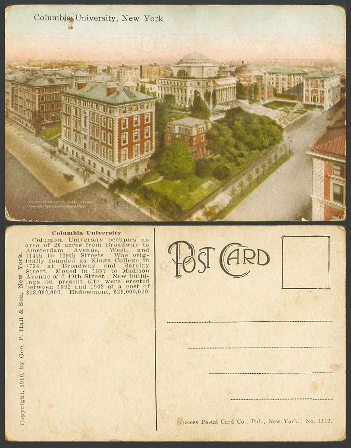 USA Old Colour Postcard Columbia University New York School Street Scene No.1103