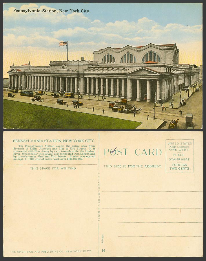USA Old Postcard Pennsylvania Station New York Street Scene Railway TRAM Tramway