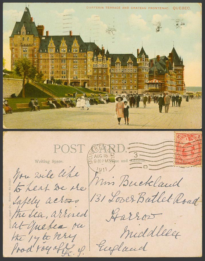 Canada 1911 Old Colour Postcard Dufferin Terrace Chateau Frontenac Quebec Street