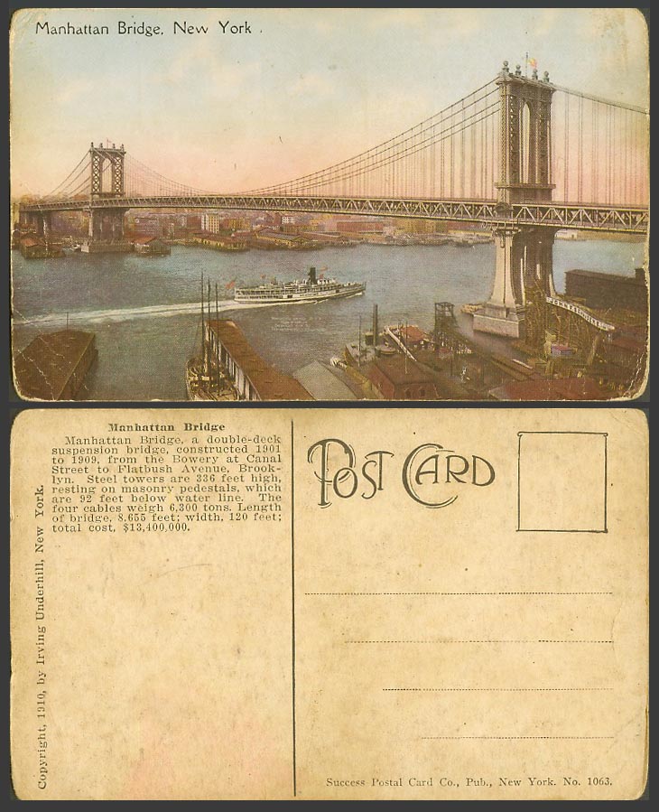 USA Old Colour Postcard Manhattan Bridge New York River Scene Ferry Steamer Ship