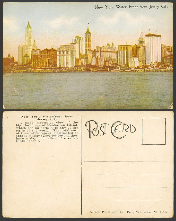 USA Old Postcard New York Water Front from Jersey City Panorama General View NY