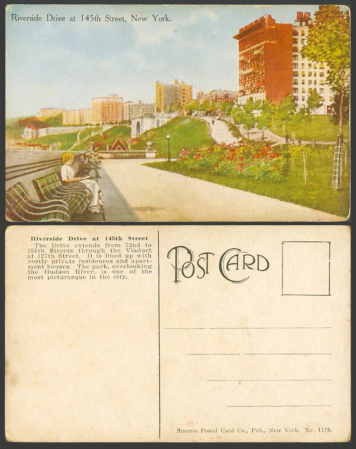 USA Old Colour Postcard Riverside Drive at 145th Street, New York City, Garden