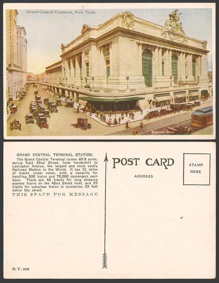 USA New York Old Colour Postcard Grand Central Terminal Railway Station & Street