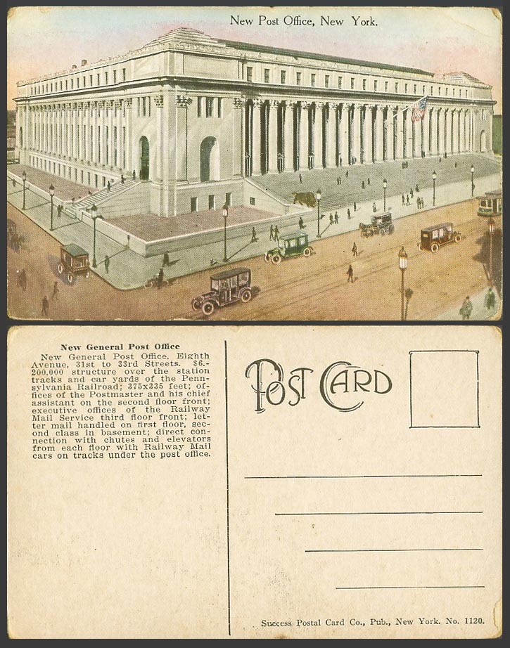 USA Old Postcard New Post Office New York Flag, Street Scene, Vintage Motor Cars