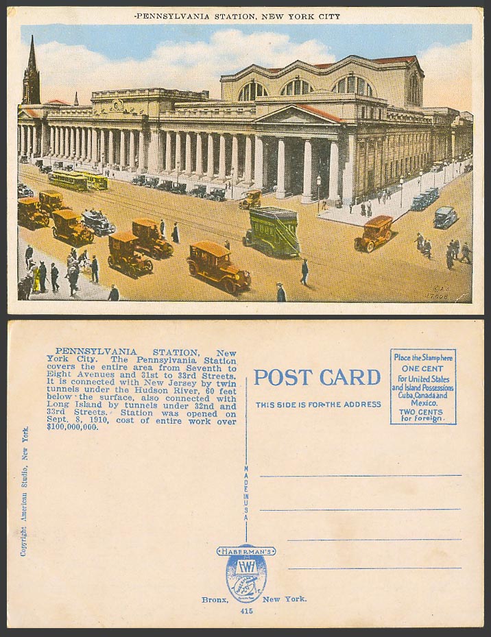 USA Old Postcard Pennsylvania Station Railway, New York City, Vintage Motor Cars