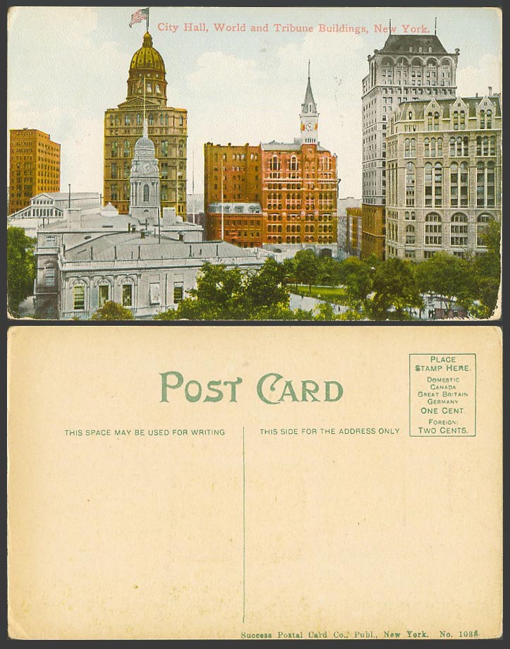 USA Old Colour Postcard City Hall World and Tribune Buildings, New York, US Flag