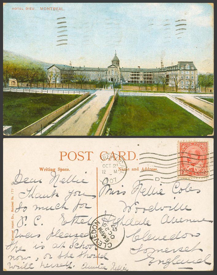 Canada 1907 Old Colour Postcard Hotel Dieu, Montreal, Hospital Building, Streets