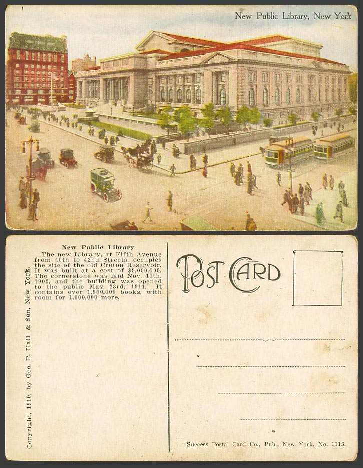 USA Old Postcard New York New Public Library Street Scene TRAM Tramway Motor Car