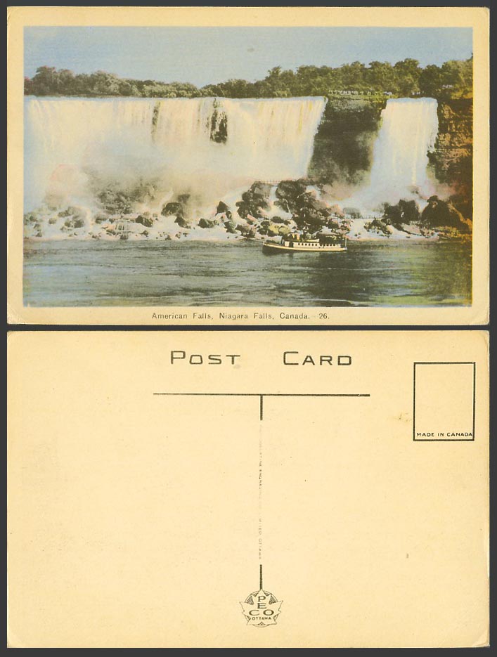 Canada Old Colour Postcard American Falls, Niagara Falls, Ferry Ship Boat No. 26