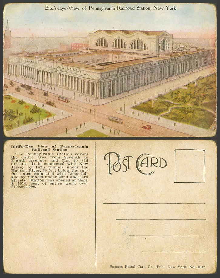 USA Old Postcard Bird's Eye View Pennsylvania Railway Railroad Station, New York