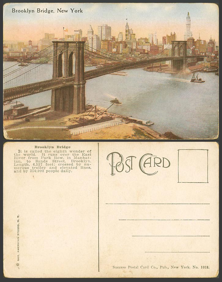 USA Old Colour Postcard Brooklyn Bridge over East River Scene, New York, Boats