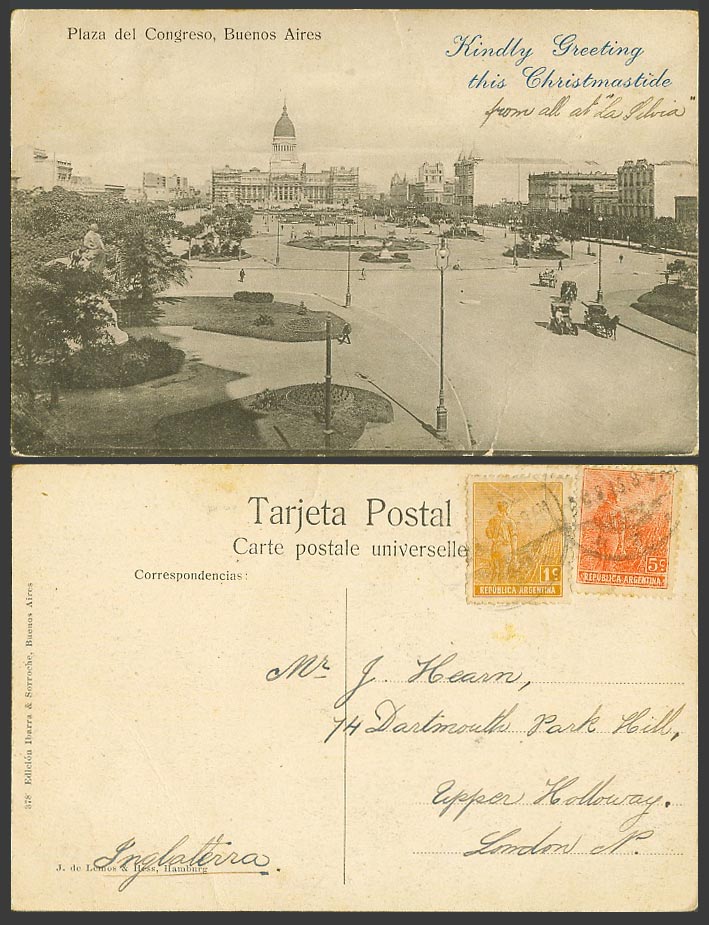 Argentina Old Postcard Buenos Aires Plaza del Congreso Congress Street Scene