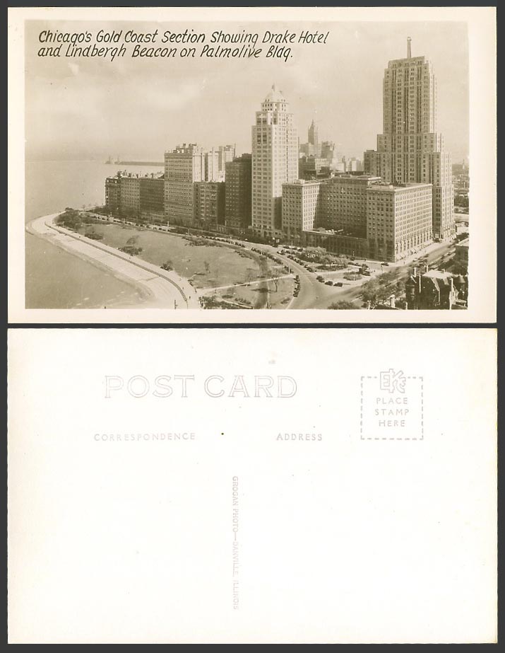 USA Old Photo Postcard Chicago's Gold Coast Section Drake Hotel Lindbergh Beacon