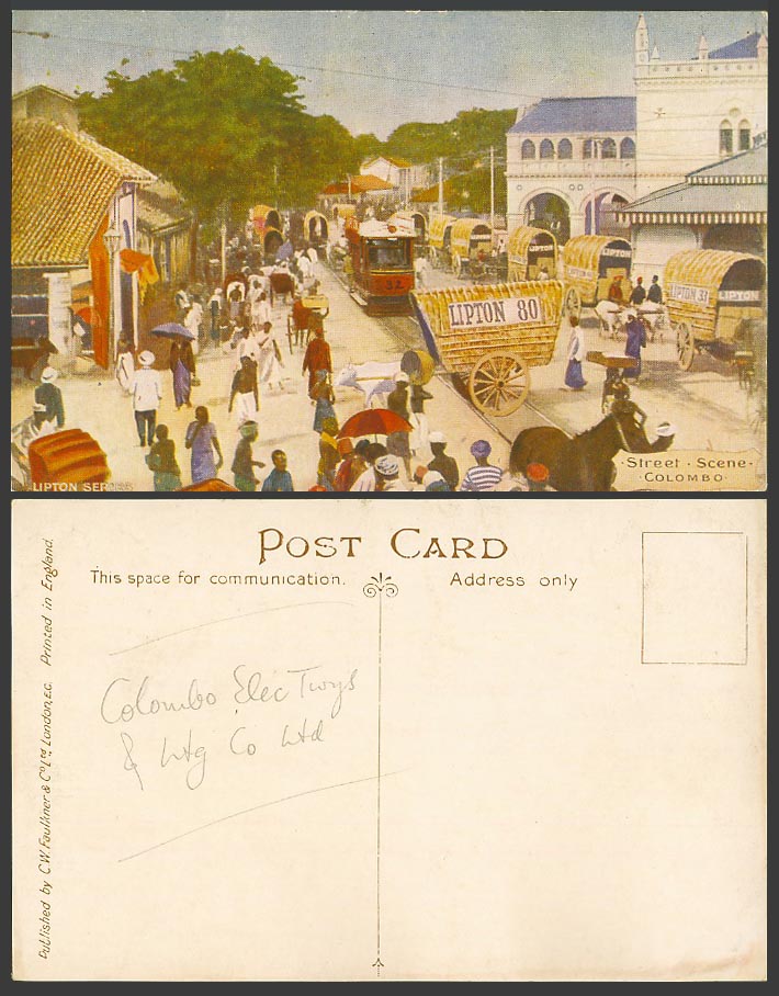 Ceylon Old Postcard Colombo Street Scene, Lipton 80 Bullock Cart TRAM 32 Tramway