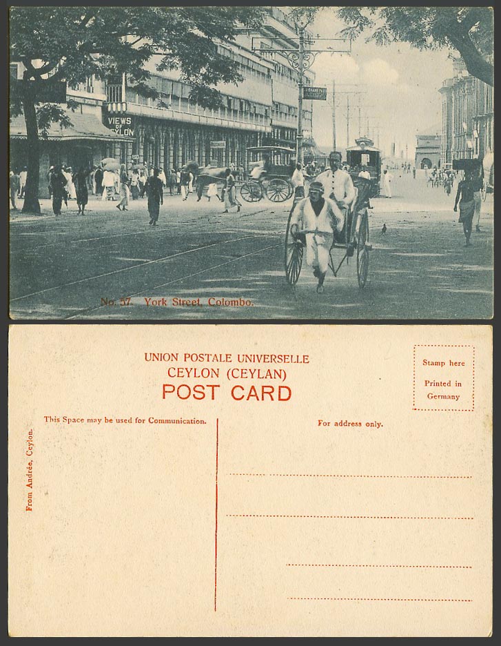 Ceylon Views Old Postcard York Street Scene Colombo Rickshaw Coolie Tram Tramway