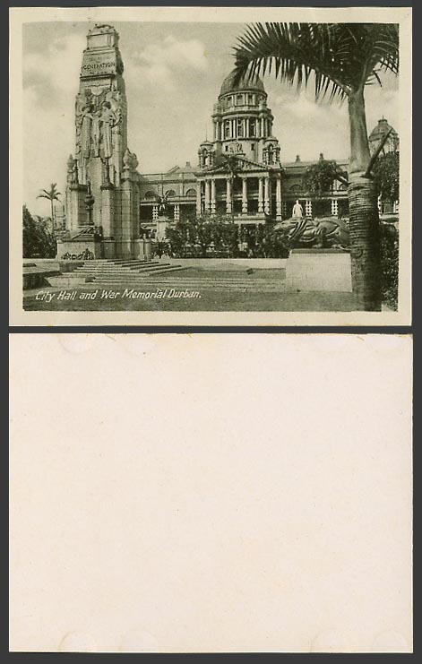 South Africa Small Old Card Durban City Hall and War Memorial Monument Palm Tree
