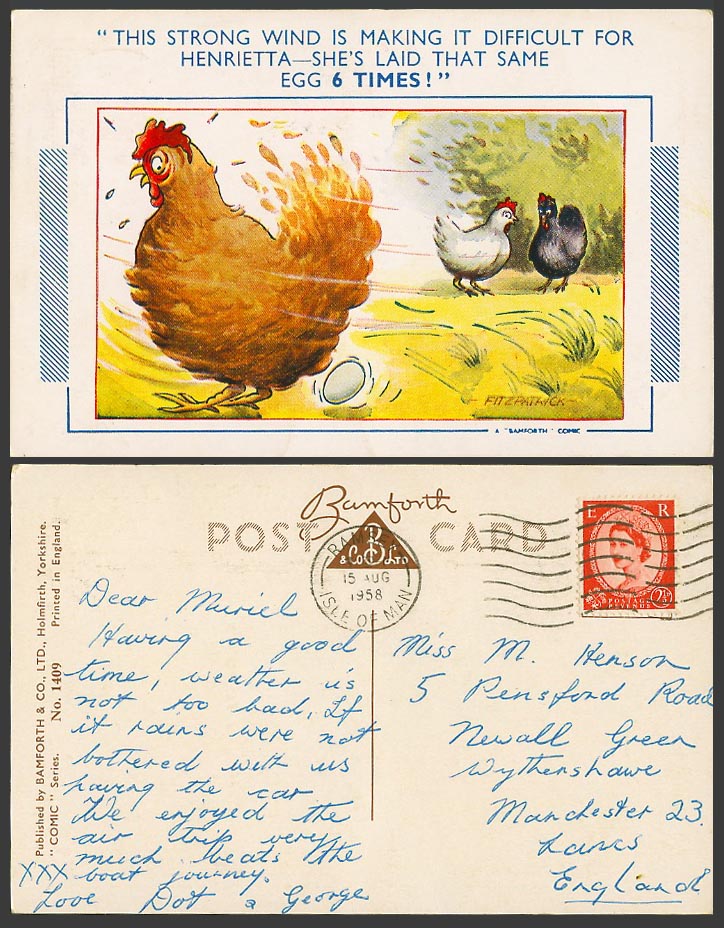 Fitzpatrick 1958 Old Postcard Chicken Laid Same Egg 6 Times Birds Strong Wind