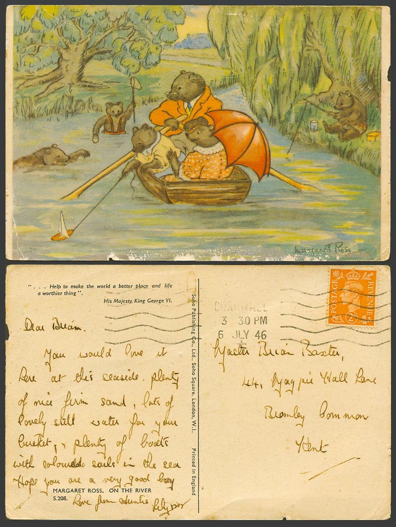 Margaret Ross Artist Signed 1946 Old Postcard Bears Boating On The River Fishing