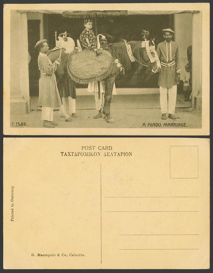 India Old Postcard A HINDU MARRIAGE - Native Child Boy Girl Riding a Horse Rider