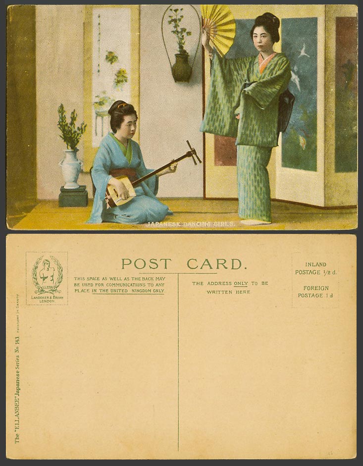 Japan Old Postcard Japanese Dancing Girls, Geisha, Dancer, Fan, Musician Samisen