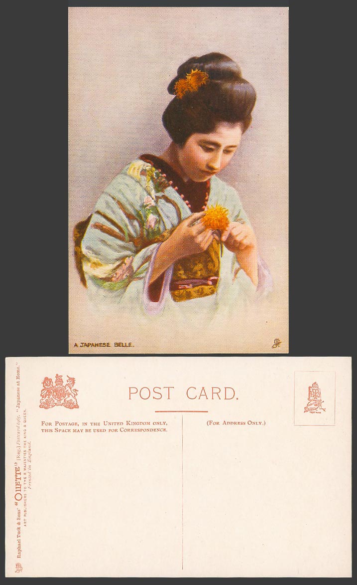 Japan Old Tuck's Oilette Postcard GEISHA GIRL A Japanese Belle and Chrysanthemum
