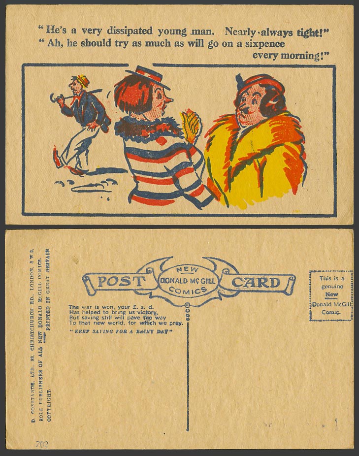 DONALD MCGILL Artist Signed Old Postcard Always Tight, Will Go on a sixpence 702
