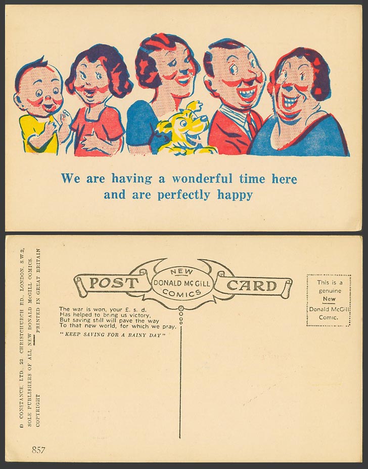 Donald McGill Old Postcard We are Having Wonderful Time Here Perfectly Happy 857