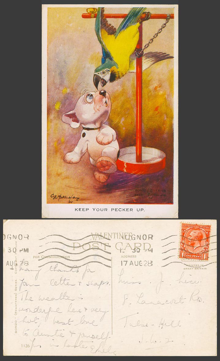 BONZO DOG G.E. Studdy 1928 Old Postcard Keep Your Pecker Up Parrot Parakeet 1126