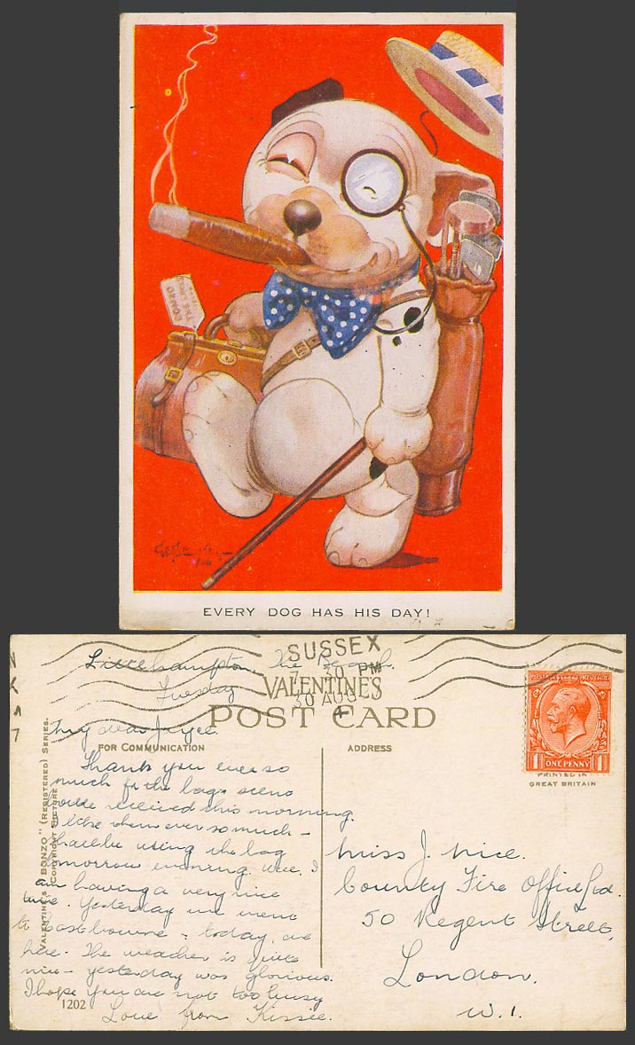BONZO DOG GE Studdy 1927 Old Postcard Every Dog Has His Day! Golfer - Cigar 1202