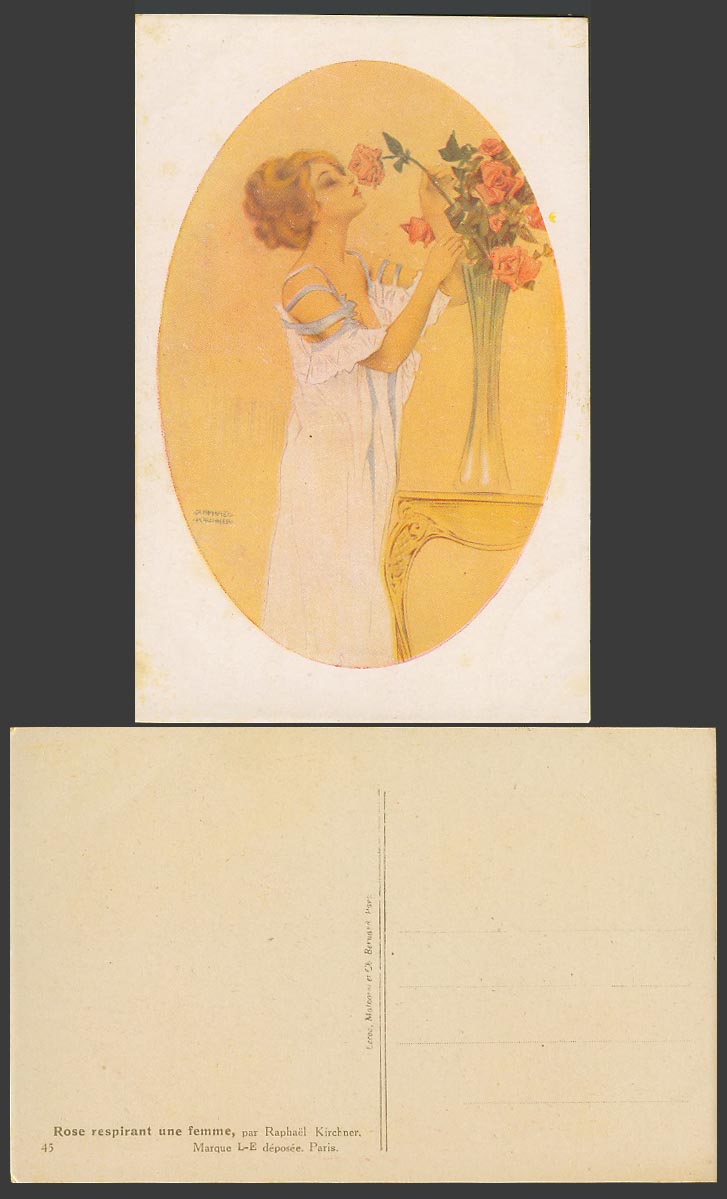 Raphael Kirchner Old Postcard Rose respirant une Femme Glamour Lady Roses Flower
